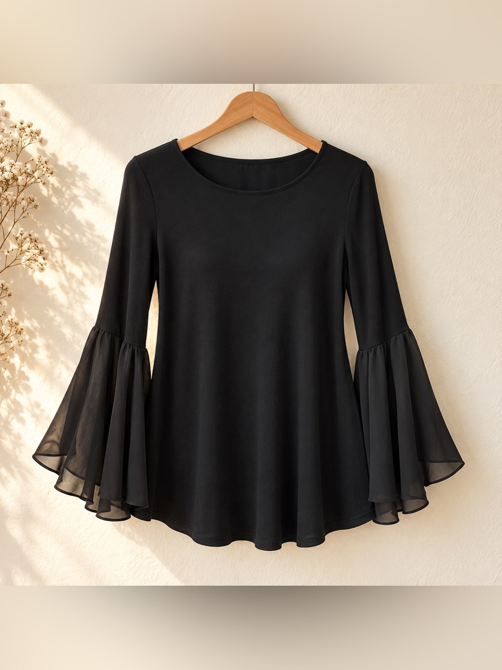 Cable & Gauge Black Sheer Chiffon Bell Sleeve Blouse Size Small